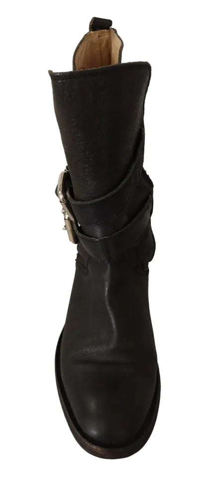 Dolce &amp; Gabbana Black Leather Buckle Mid Calf Boots Shoes