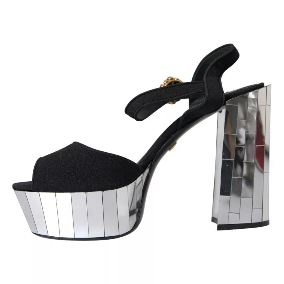 Dolce &amp; Gabbana Black Mirror Heels Crystal Platform Sandals Shoes