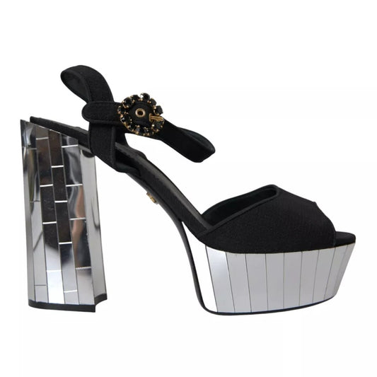 Dolce &amp; Gabbana Black Mirror Heels Crystal Platform Sandals Shoes