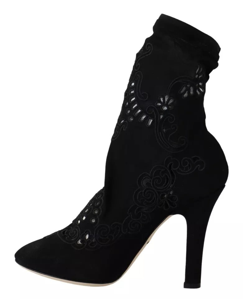 Dolce &amp; Gabbana Black Stretch Pumps Boots Floral Pointed Shoes