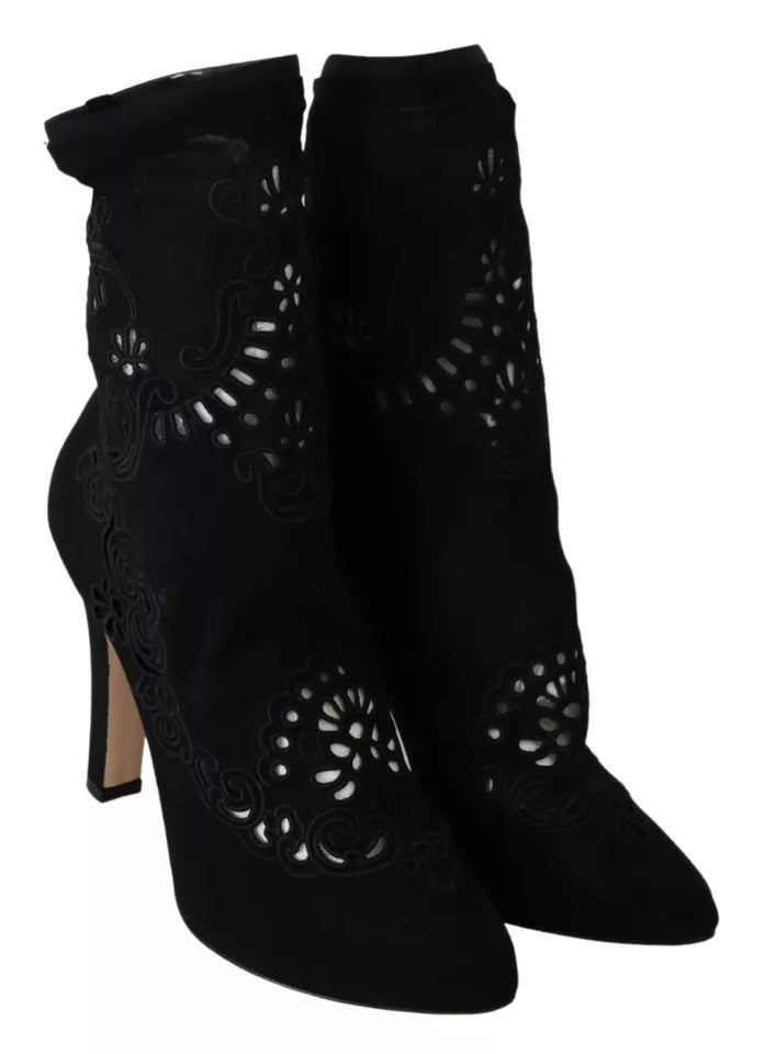 Dolce &amp; Gabbana Black Stretch Pumps Boots Floral Pointed Shoes