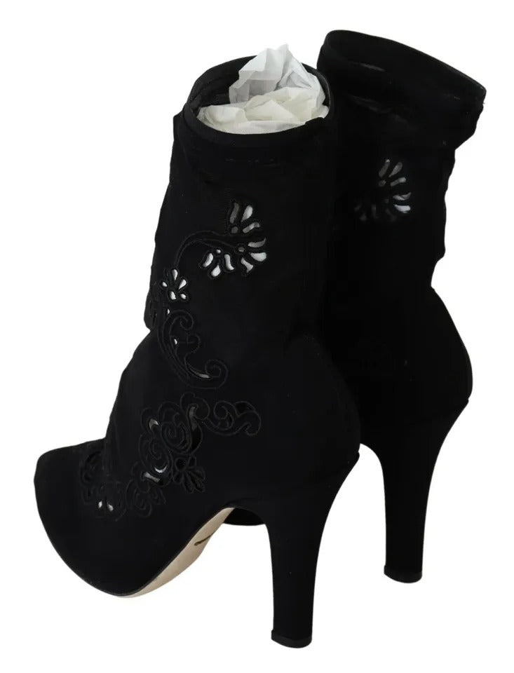 Dolce &amp; Gabbana Black Stretch Pumps Boots Floral Pointed Shoes