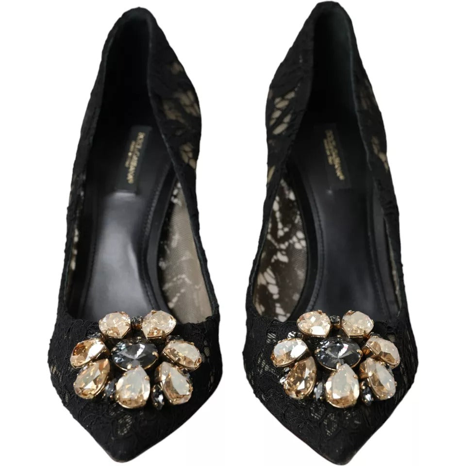 Dolce &amp; Gabbana Black Taormina Pointed Crystal Heel Pumps Shoes