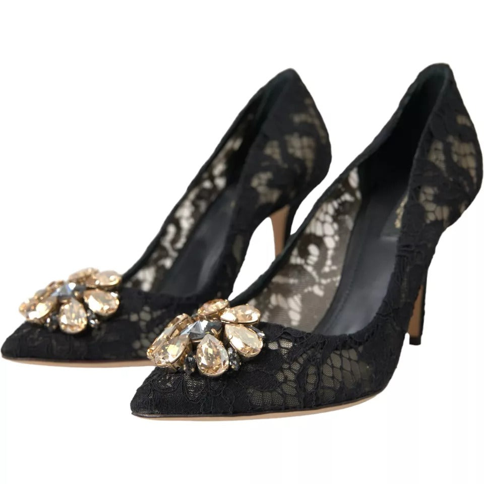 Dolce &amp; Gabbana Black Taormina Pointed Crystal Heel Pumps Shoes