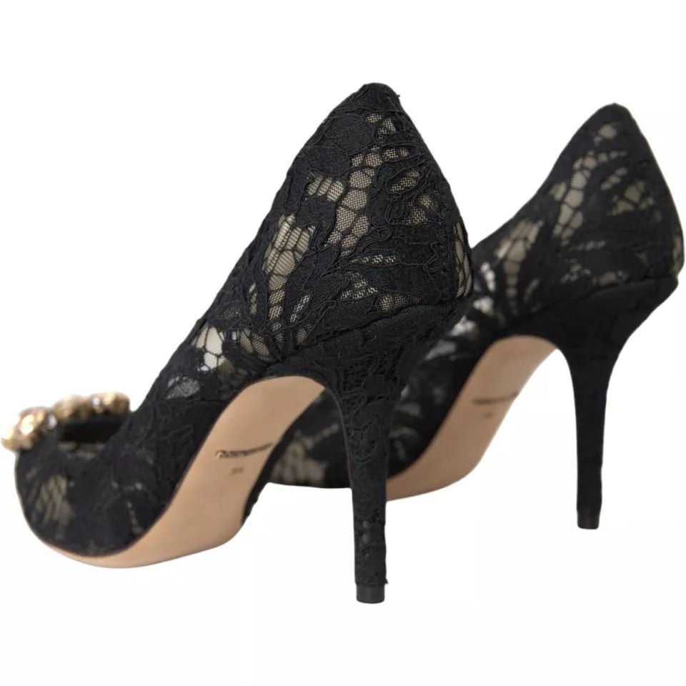 Dolce &amp; Gabbana Black Taormina Pointed Crystal Heel Pumps Shoes