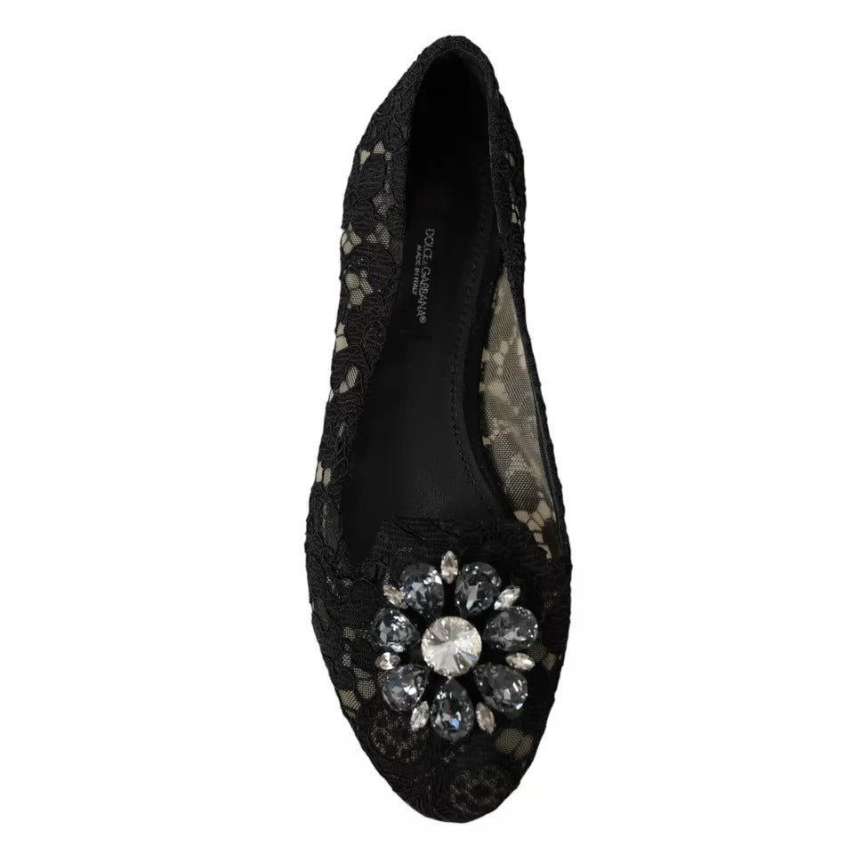 Dolce &amp; Gabbana Black Taormina Lace Crystals Flats Shoes