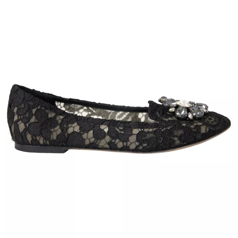 Dolce &amp; Gabbana Black Taormina Lace Crystals Flats Shoes