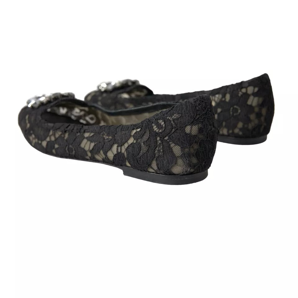 Dolce &amp; Gabbana Black Taormina Lace Crystals Flats Shoes