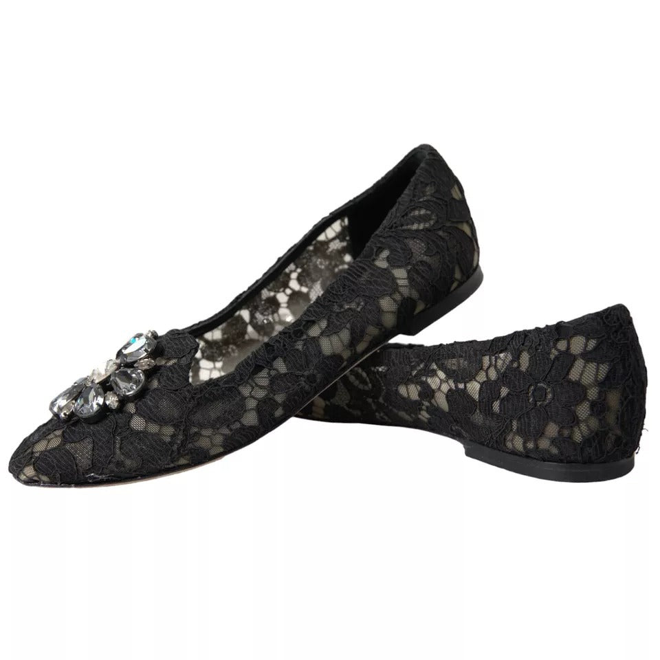 Dolce &amp; Gabbana Black Taormina Lace Crystals Flats Shoes