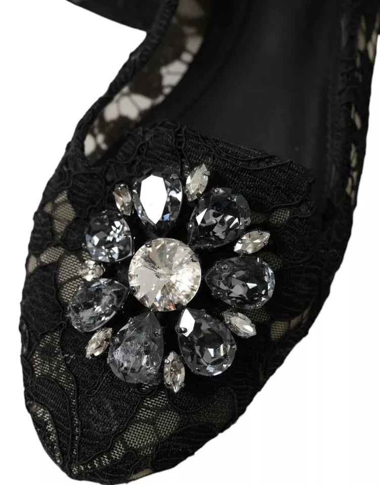 Dolce &amp; Gabbana Black Taormina Lace Crystals Flats Shoes