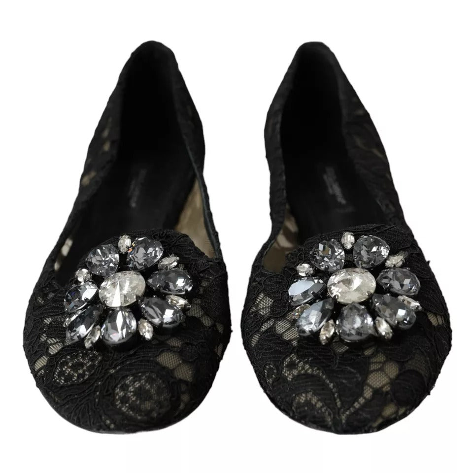 Dolce &amp; Gabbana Black Taormina Lace Crystals Flats Shoes