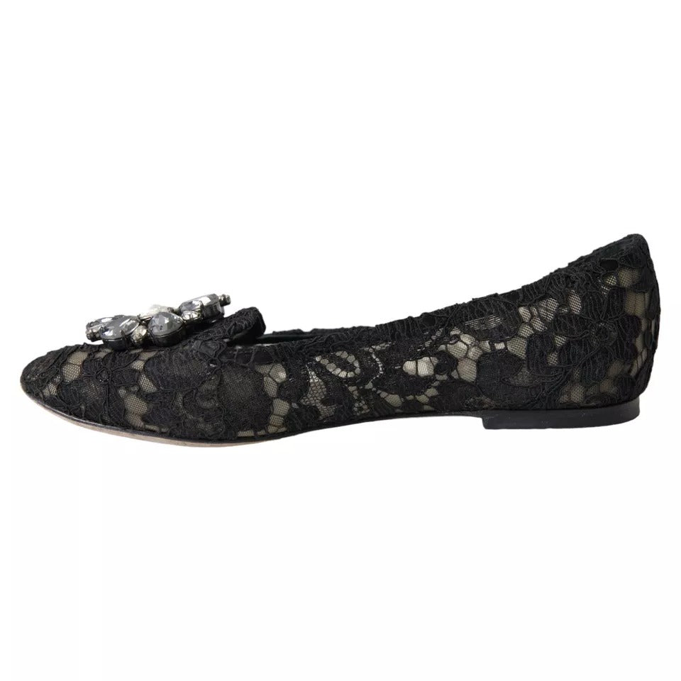 Dolce &amp; Gabbana Black Taormina Lace Crystals Flats Shoes