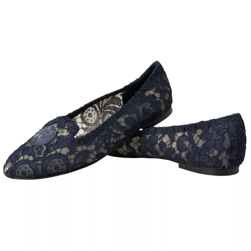 Dolce &amp; Gabbana Dark Blue Taormina Lace Slip On Flats Shoes