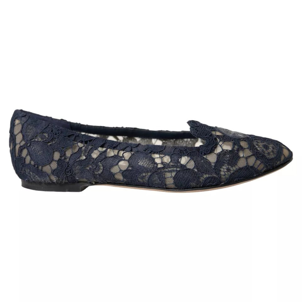 Dolce &amp; Gabbana Dark Blue Taormina Lace Slip On Flats Shoes