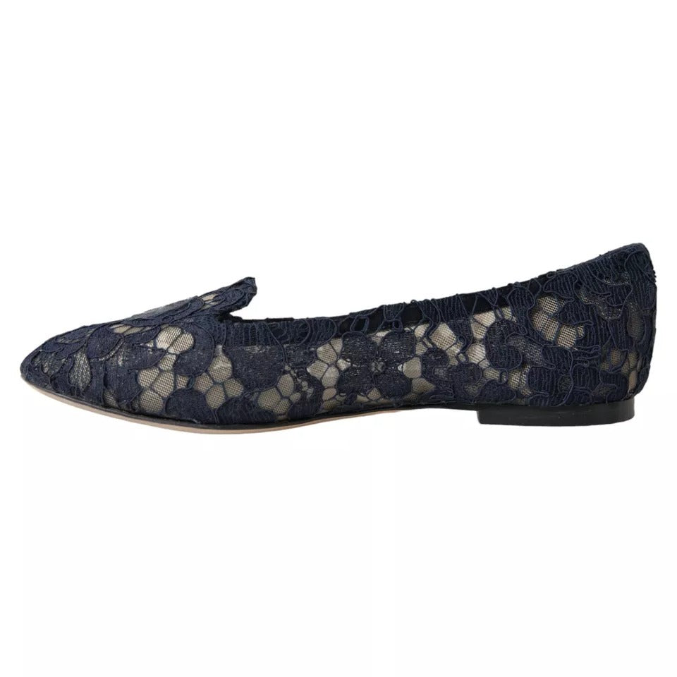 Dolce &amp; Gabbana Dark Blue Taormina Lace Slip On Flats Shoes