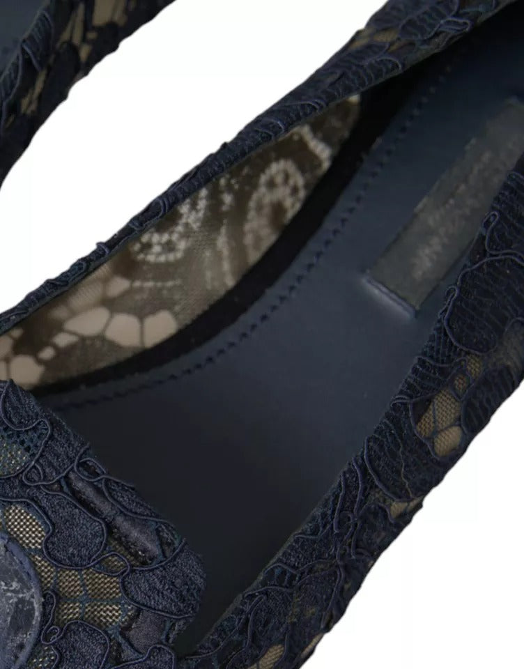 Dolce &amp; Gabbana Dark Blue Taormina Lace Slip On Flats Shoes