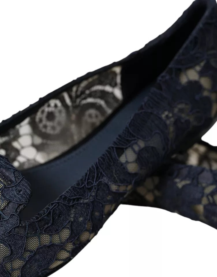 Dolce &amp; Gabbana Dark Blue Taormina Lace Slip On Flats Shoes