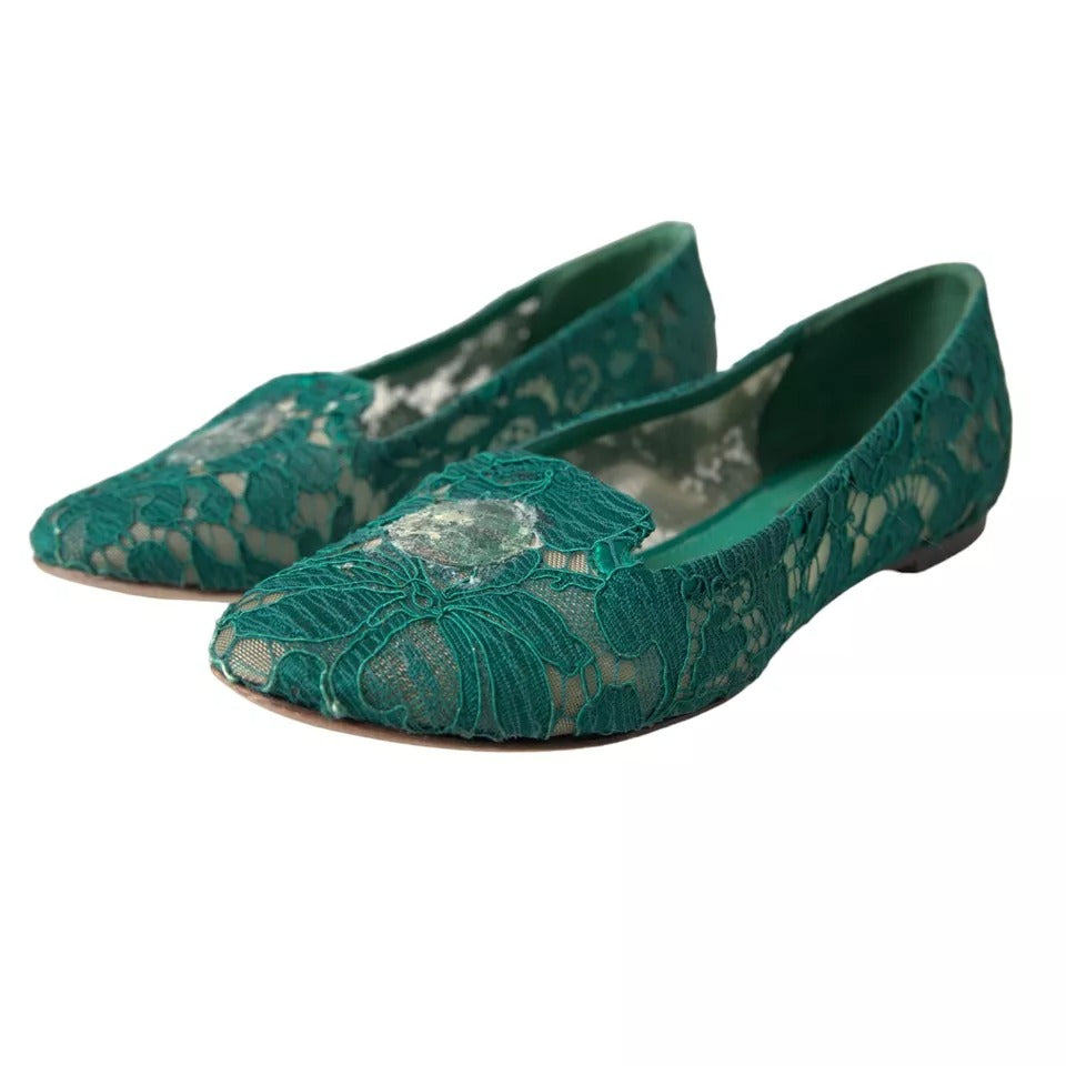 Dolce &amp; Gabbana Green Taormina Lace Slip On Flats Shoes