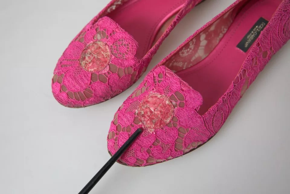 Dolce &amp; Gabbana Pink Taormina Lace Slip On Flats Shoes