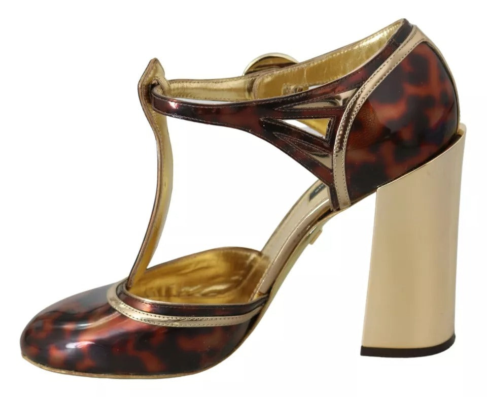 Dolce &amp; Gabbana Gold Leopard T-strap Pumps Sandals Shoes