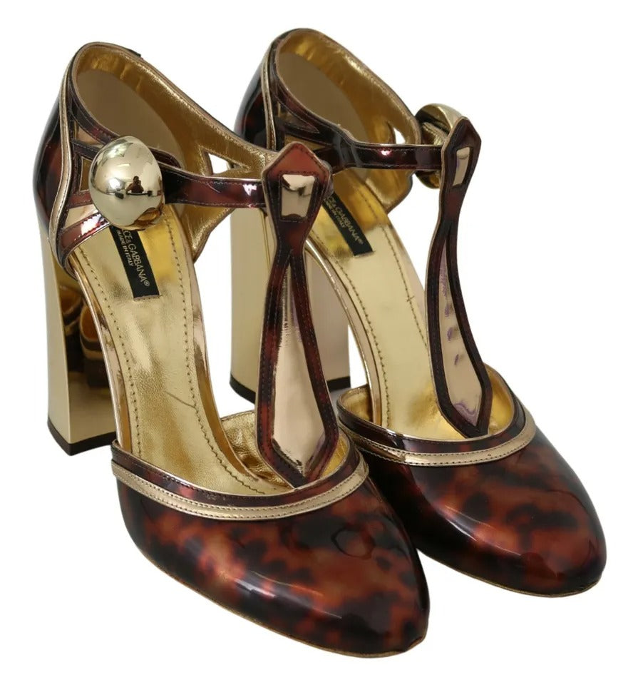 Dolce &amp; Gabbana Gold Leopard T-strap Pumps Sandals Shoes