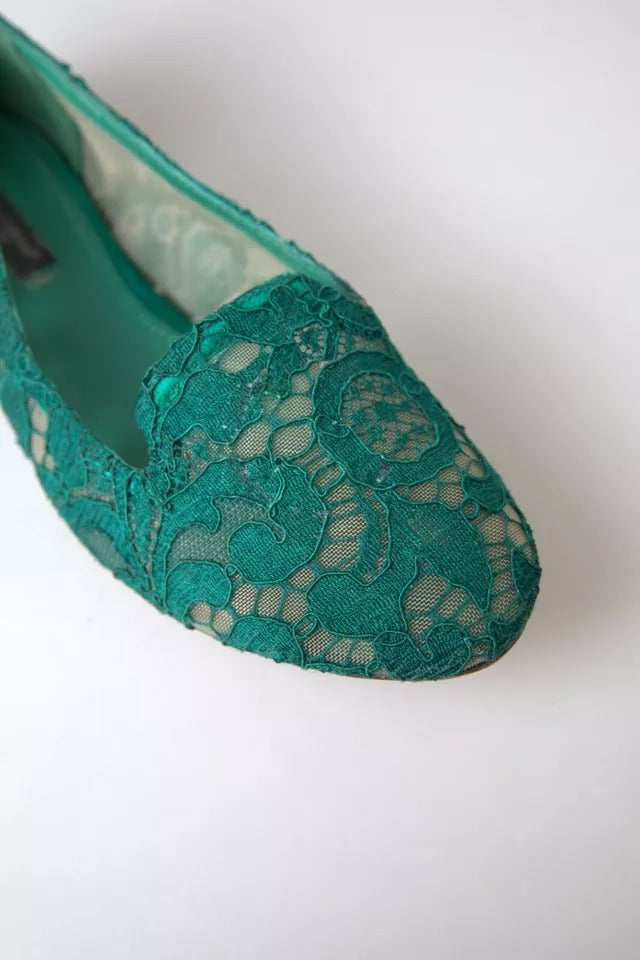 Dolce &amp; Gabbana Green Floral Lace Loafers Flats Shoes