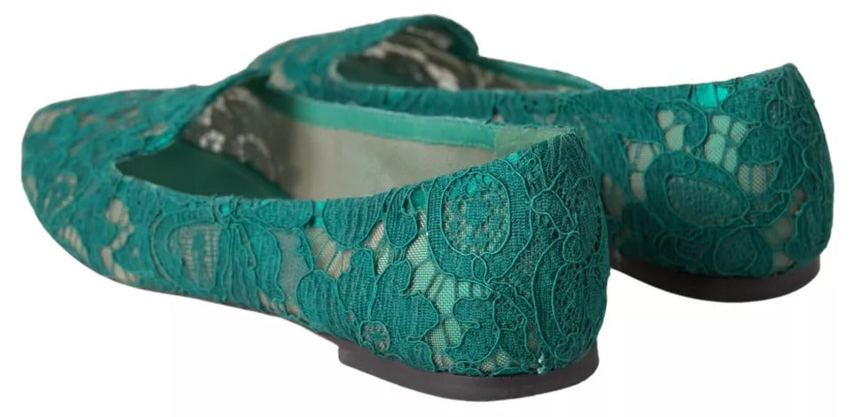 Dolce &amp; Gabbana Green Floral Lace Loafers Flats Shoes