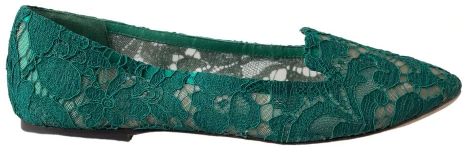 Dolce &amp; Gabbana Green Floral Lace Loafers Flats Shoes