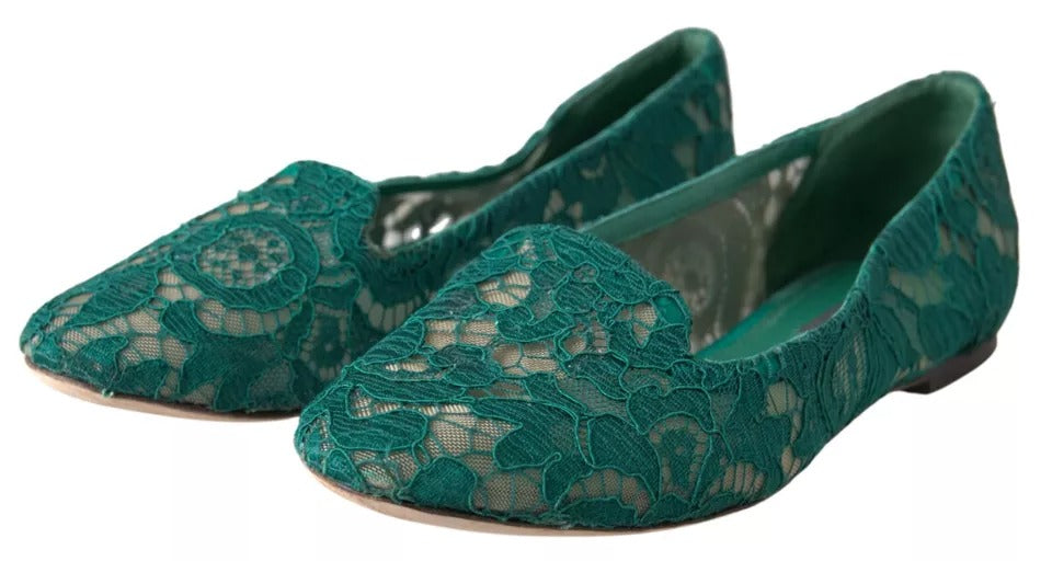 Dolce &amp; Gabbana Green Floral Lace Loafers Flats Shoes