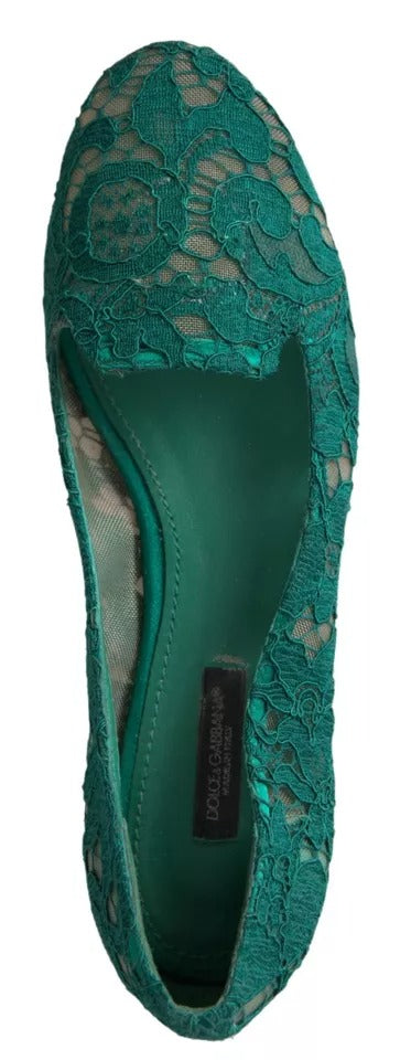 Dolce &amp; Gabbana Green Floral Lace Loafers Flats Shoes