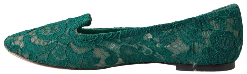 Dolce &amp; Gabbana Green Floral Lace Loafers Flats Shoes