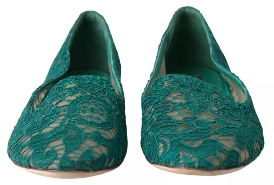 Dolce &amp; Gabbana Green Floral Lace Loafers Flats Shoes