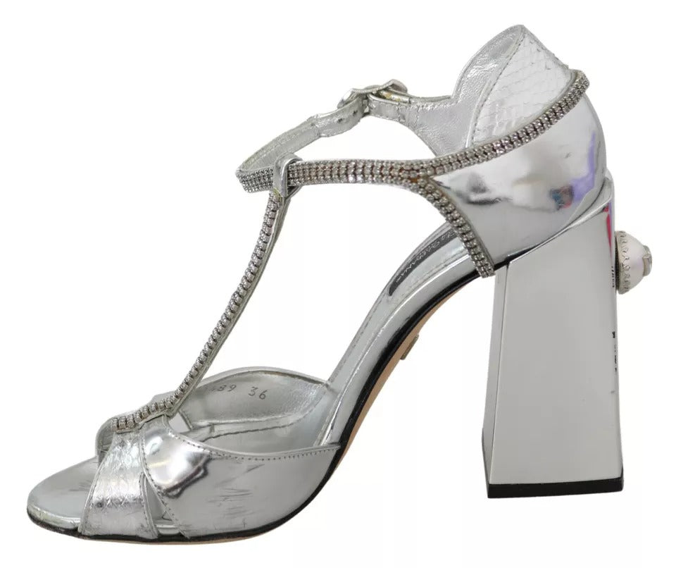 Dolce &amp; Gabbana Silver Crystals T-Strap Sandals Leather Shoes