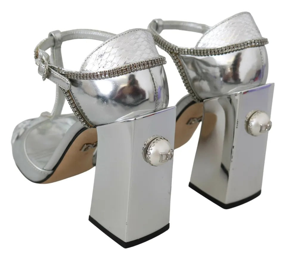 Dolce &amp; Gabbana Silver Crystals T-Strap Sandals Leather Shoes