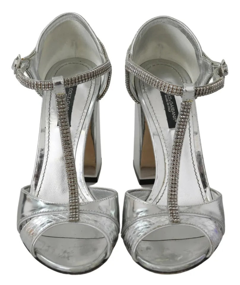 Dolce &amp; Gabbana Silver Crystals T-Strap Sandals Leather Shoes