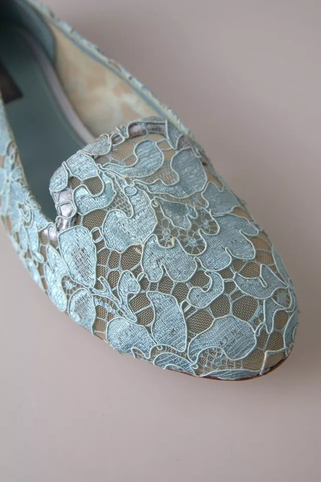 Dolce &amp; Gabbana Light Blue Floral Lace Loafers Flats Shoes