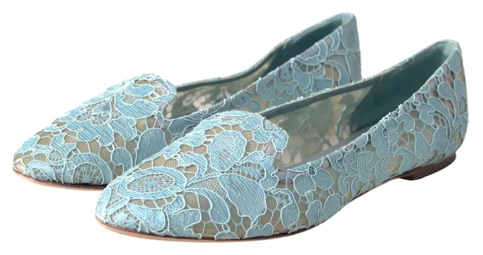 Dolce &amp; Gabbana Light Blue Floral Lace Loafers Flats Shoes