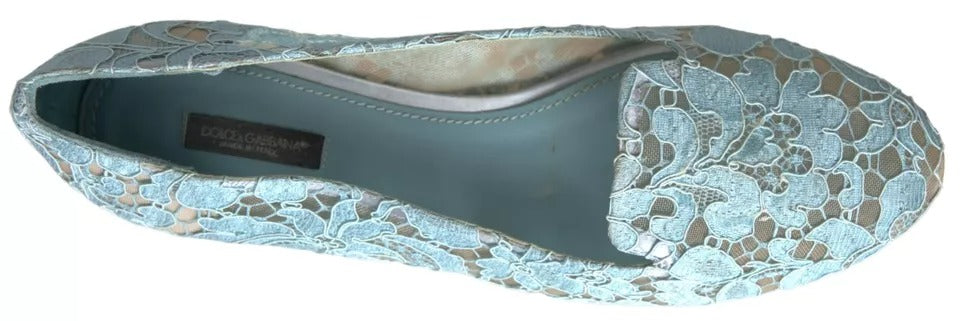 Dolce &amp; Gabbana Light Blue Floral Lace Loafers Flats Shoes