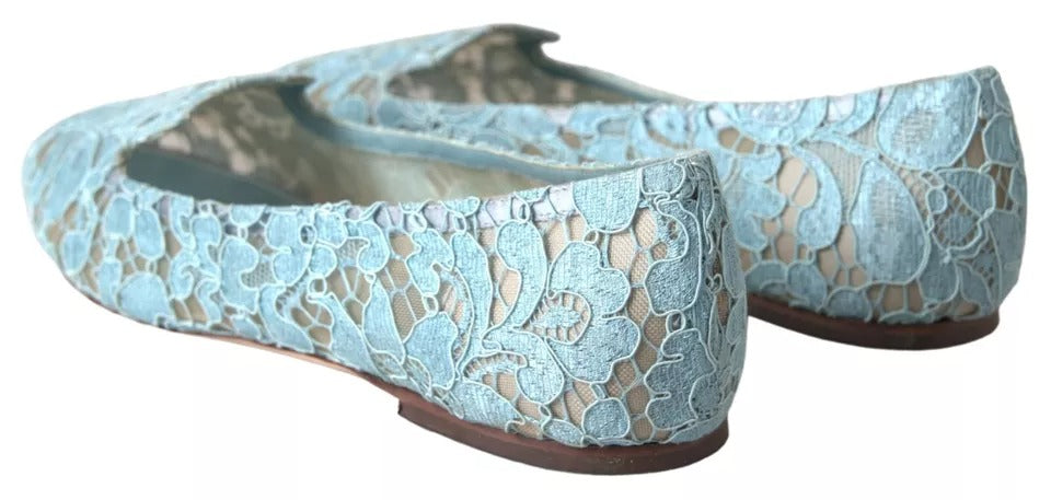 Dolce &amp; Gabbana Light Blue Floral Lace Loafers Flats Shoes