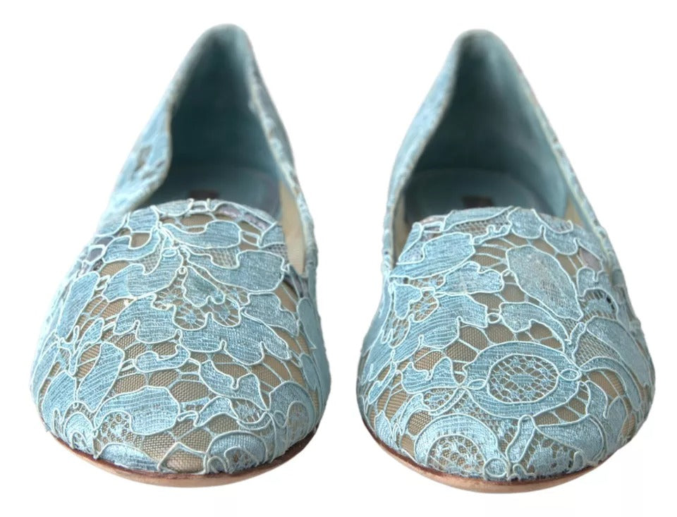 Dolce &amp; Gabbana Light Blue Floral Lace Loafers Flats Shoes