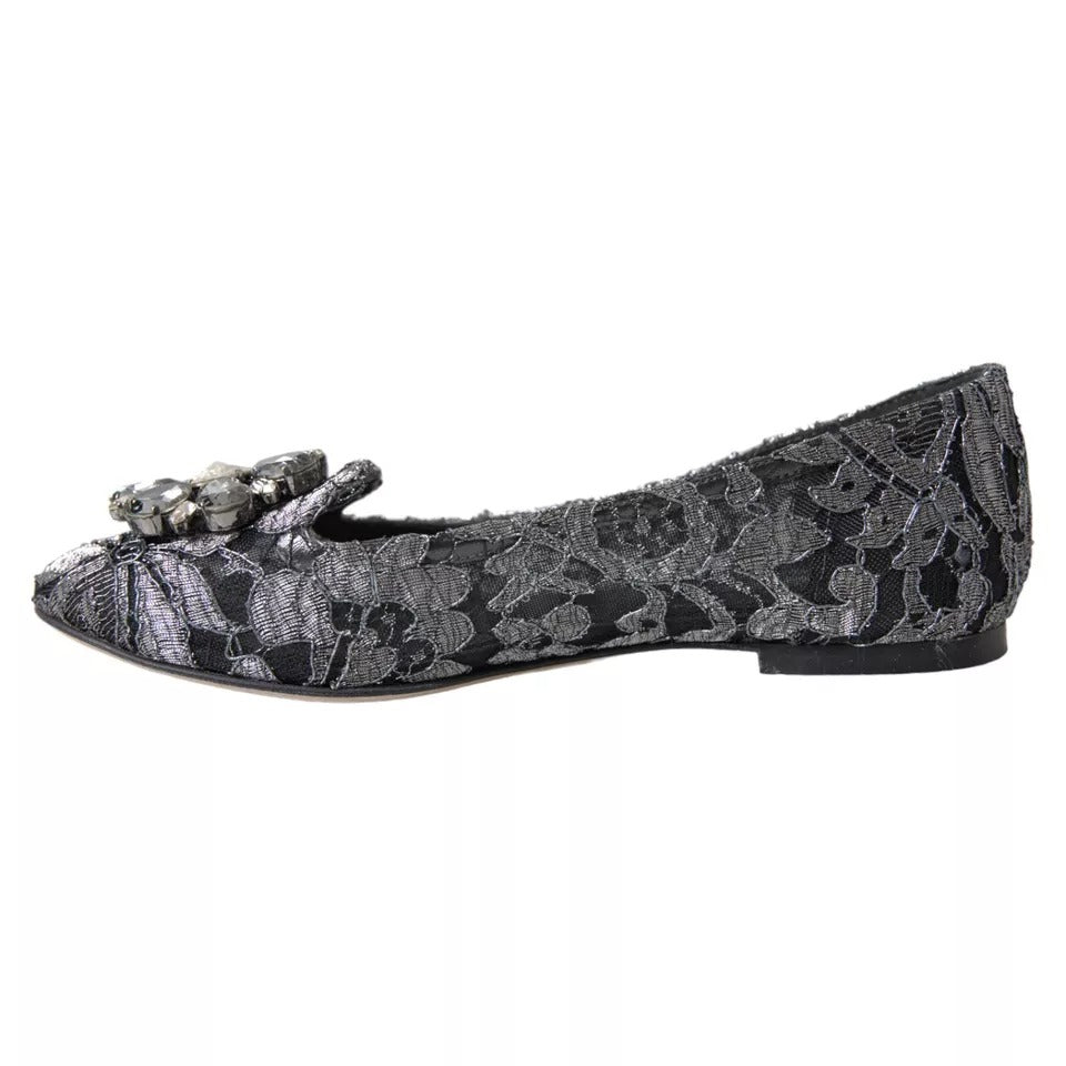 Dolce &amp; Gabbana Grey Black Lace Crystal Ballet Loafers Shoes