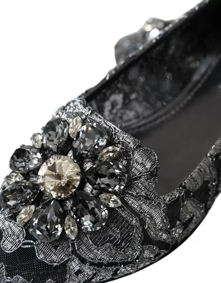 Dolce &amp; Gabbana Grey Black Lace Crystal Ballet Loafers Shoes