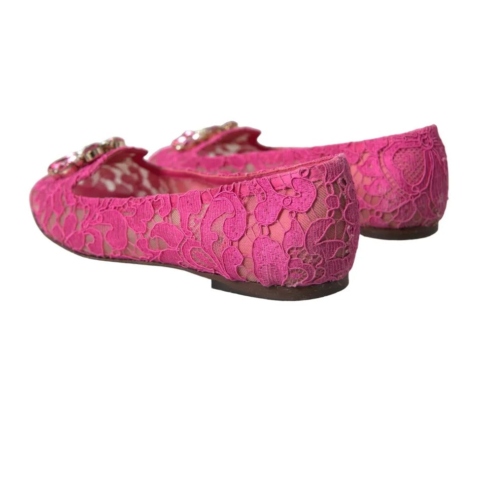 Dolce &amp; Gabbana Pink Lace Crystal Ballet Loafers Shoes