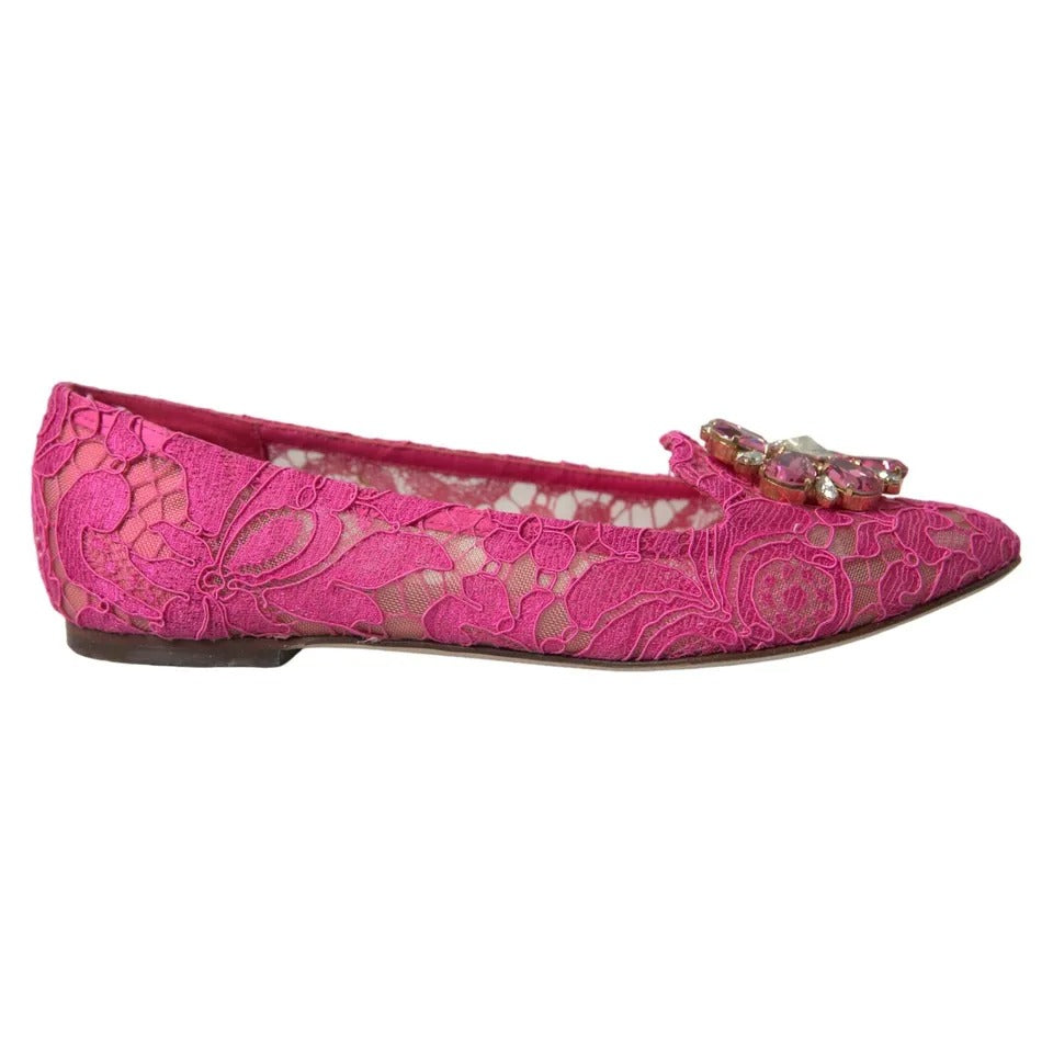 Dolce &amp; Gabbana Pink Lace Crystal Ballet Loafers Shoes