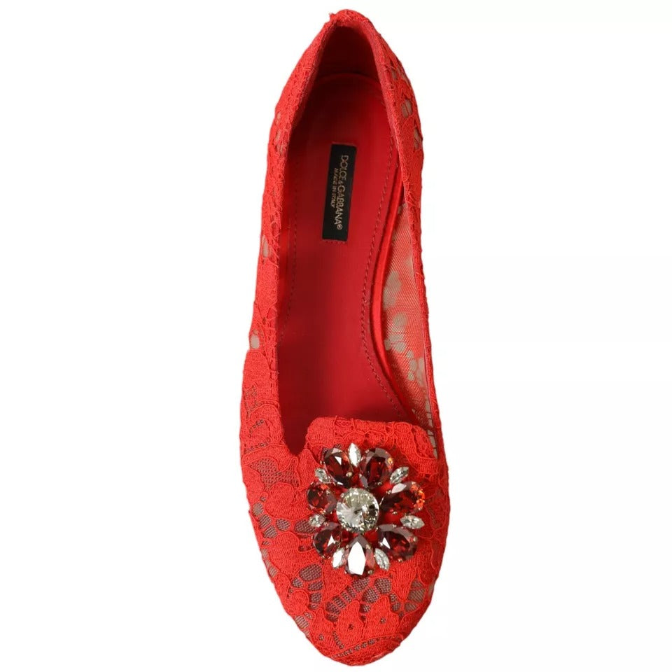 Dolce &amp; Gabbana Red Lace Crystal Ballet Loafers Shoes