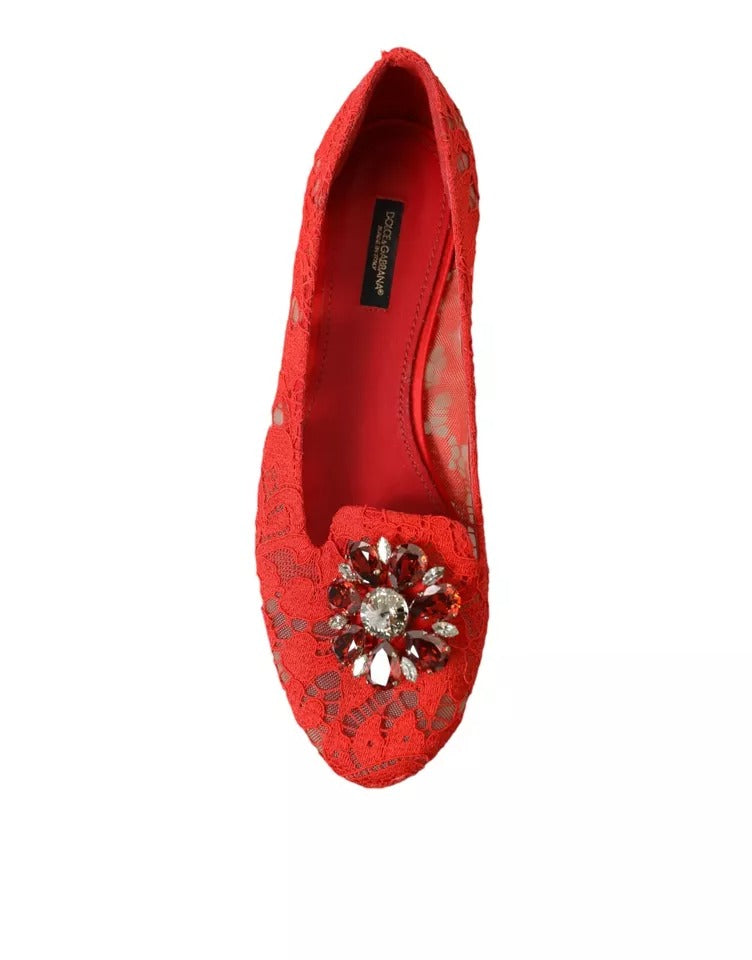 Dolce &amp; Gabbana Red Lace Crystal Ballet Loafers Shoes