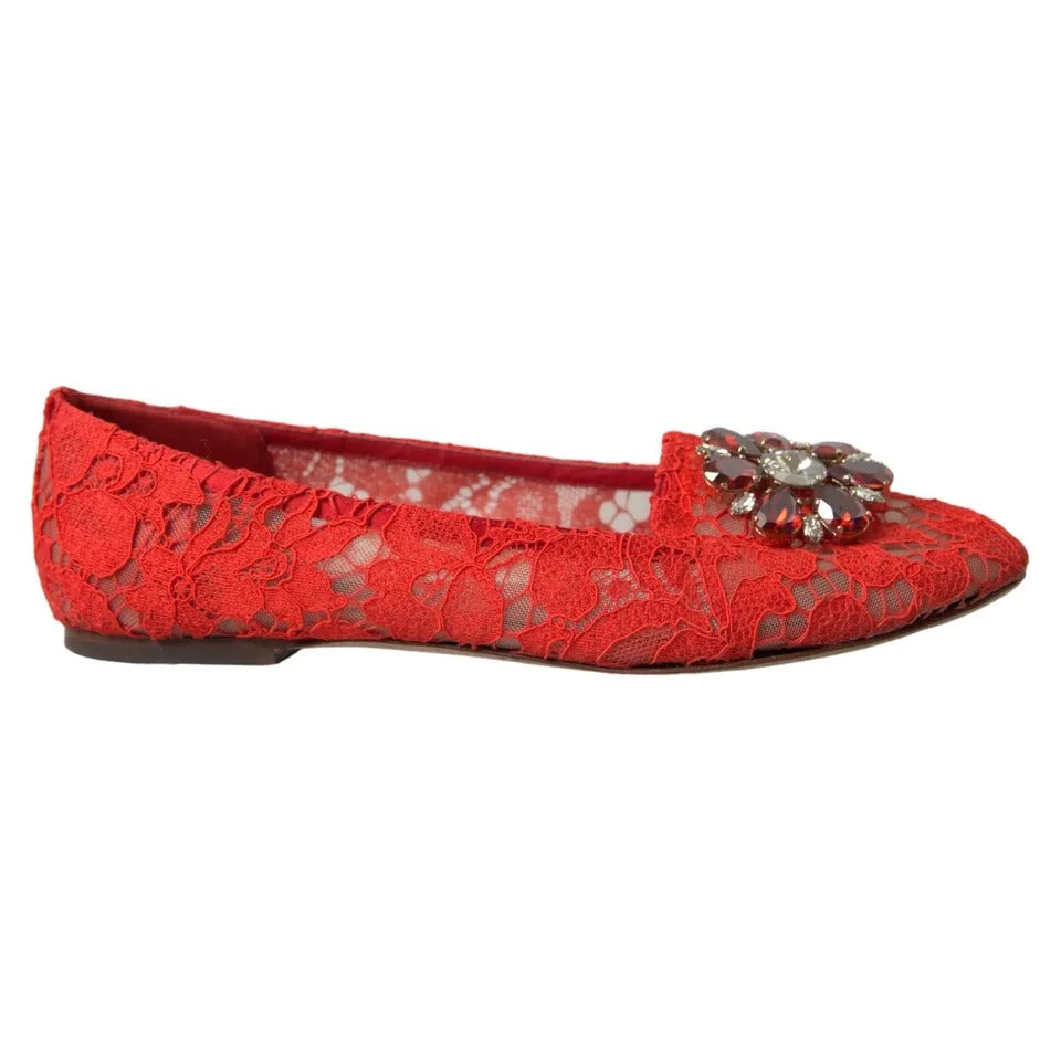 Dolce &amp; Gabbana Red Lace Crystal Ballet Loafers Shoes