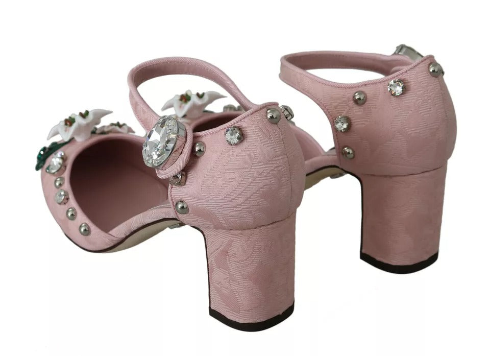 Dolce &amp; Gabbana Pink Brocade Crystal Lily Ankle Strap Shoes