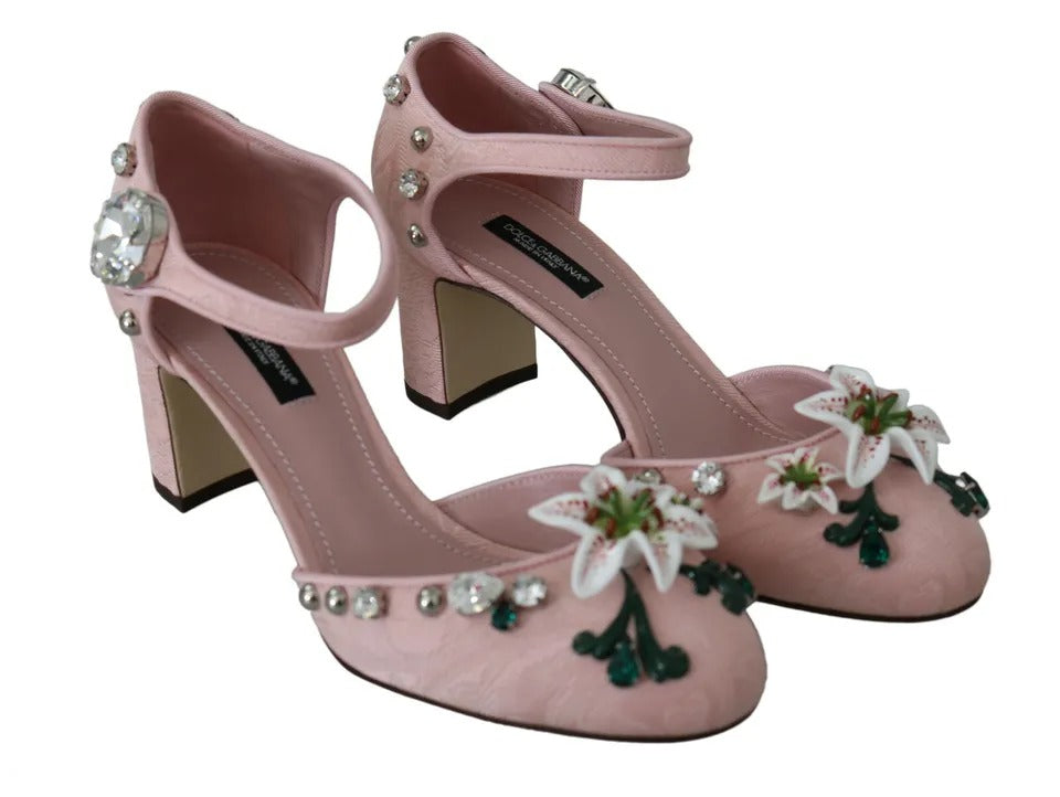 Dolce &amp; Gabbana Pink Brocade Crystal Lily Ankle Strap Shoes