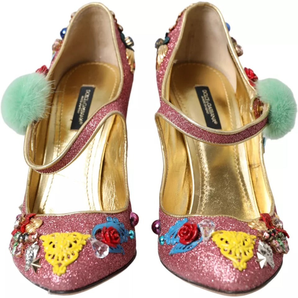 Dolce &amp; Gabbana Pink Embellished Fur Mary Jane Pumps Shoes